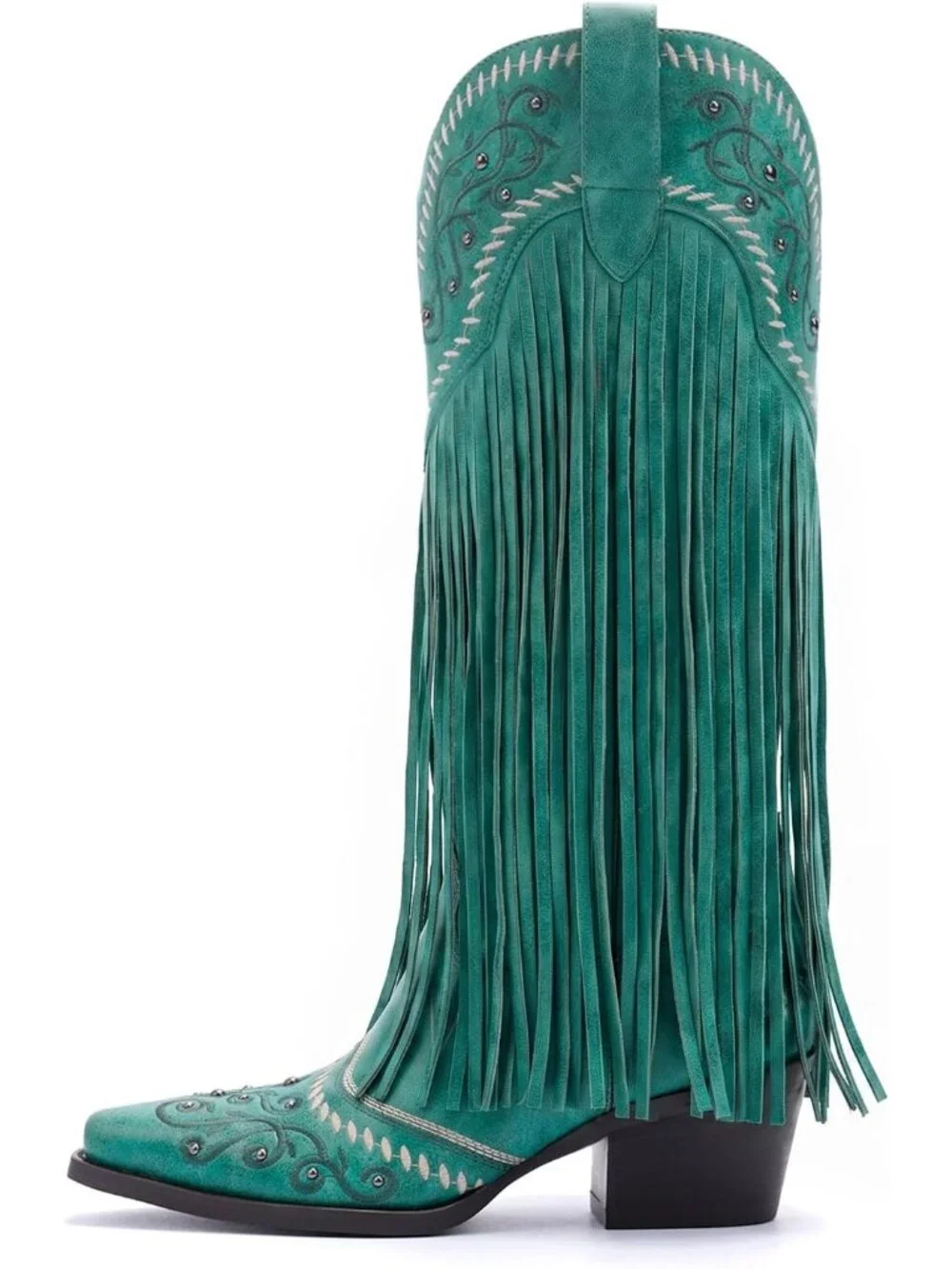 Women's Green Knee High Pointed Toe Fringe Cowboy Mid Block Heel Boots